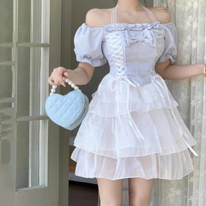 Party Dresses Sweet Bow Mini Dress Women Summer Off Shoulder Lace-up Waist Spliced Mesh Cake French Kawaii Vestidos Mujer