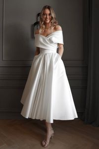 A-Line Wedding Dress Tea-Length Satin Bridal Gowns DL-10002