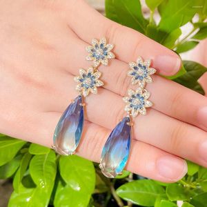 Dangle Earrings Forest Flowers Sunflower Earring Crystal Cubic Zircon Light Blue Water Droplets Tassel Gradient High Quality For Women