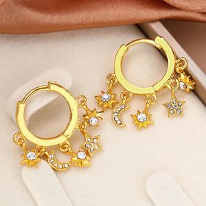 Hoop Earrings Shiny Gold Color Round Mini Hanging Star Moon Set Cubic Zirconia Drop For Women Engagement Jewelry Party Gifts