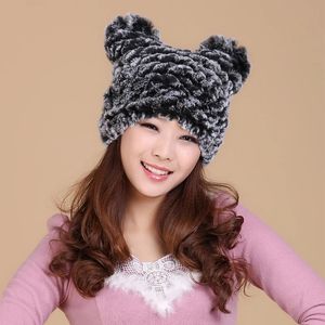 Beanieskull Caps Ladies Thashing Kit for Warm Winter Sweet Cat Ear Beanies Real Rex Rabbit Grey White Women Fur H436 231215