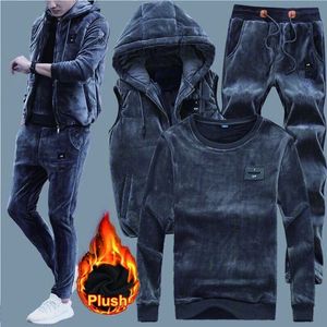 Männer Hoodies Sweatshirts Plus Samt Männer Set Mode Marke Trainingsanzug Gefüttert Dicke Sweatshirt Hosen Sportswear Anzug Männlich Winter Warme mit kapuze Weste 3 stücke 231215