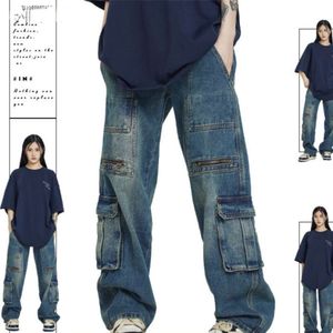 American Tide Brand Retro Washing Old Multi-pocket Tooling Y2K New Fashion Loose Straight Casual Jeans for Men and Women