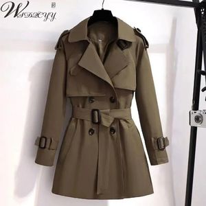 T-Shirt Cropped Trench Coat Women England Double Breasted Korean Windbreaker Large Size Spring Autumn Lapel Outwear Loose with Belt