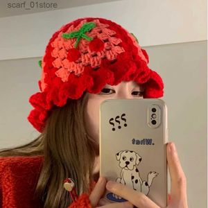 Wide Brim Hats Bucket Hats INS Hollow Cherry Knitted Fisherman Hats For Women Handmade Red Matching Basin Hat Spring Summer Sun HatL231216