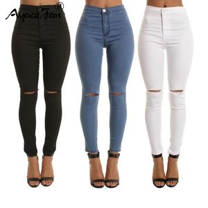 Jeans 2019 Autumn White Hole Mager Ripped Jeans Women Jeggings Cool Denim High midjebyxor Capris Kvinnliga mager svarta casual jeans