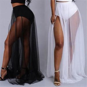 Röcke Skorts Damen High Waist Mesh Skiing Empire Durchsichtiger, seitlich geteilter Rock Solid Transparent Chiffon Maxi Langer Rock Sommer 2018 231215