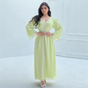 Etnik Giyim Mütevazı Şifon Boncuk Abaya Akşam Kadınlar Müslüman Moda Maxi Elbise Partisi Eid Mubarak Dubai Kaftan İslam Elbisesi Jalabiya