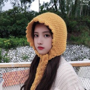 Berets Autumn Winter Ear Protection Hat Women's Warm Knitting Tassel Baotou Girl Outdoor Leisure Solid Color Lace Up Yellow