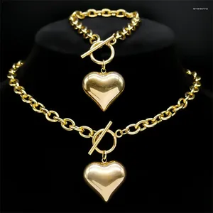 Collares colgantes Hip Hop Punk Heart Chain Collar Pulsera para mujeres Acero inoxidable Color oro Y2K Conjunto de joyería Regalo de fiesta NFF49S02