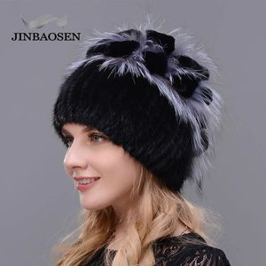 Beanieskull Caps Jinbaosen Fur Woman Winter Real Mink Fur Hat Wool Ski Rabbit Natural Fox Knit Hat Warm Ear Protection Travel Hat 231215