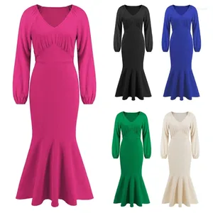 Casual Dresses Womens Sexig Deep V-ring Lantern Långärmad mager klänning Wrap Maxi Evening Party Formal Dropship