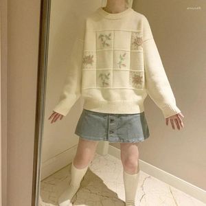 女性用セーター甘い花ラル女性秋の冬の手作りバラのローズ刺繍ゆるいビンテージニットプルオーバーカワイイガールズ