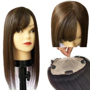 Parrucche in pizzo Topper per capelli umani marroni con frangia laterale per donne Sovrapposizioni Base pelle Parrucchino 5X5 pollici Parte superiore del cuoio capelluto Clip per frangia 4D nei posticci 231215