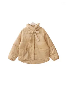 Trench da donna 2023 Autunno Inverno Donna Velluto a coste Tinta unita Fiocco Cappotto imbottito in cotone Stand Collo Baggy Manica lunga Caldo Capispalla spessa