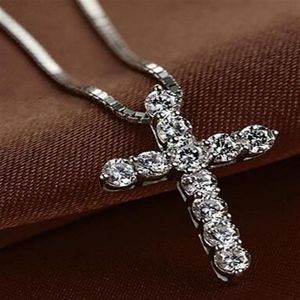 New Fashion Cross Necklace Ture 925 Sterling Silver Women Crystal CZ Prendants Netlace Jewelry2626