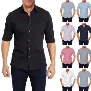 Homens camisetas Mens Casual Manga Longa Lapela Collared Regular Fit Botão Zipper Up Blusas Cor Sólida Camisa Formal de Negócios Top