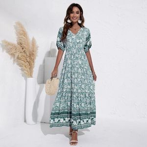 Dresses Atuendo Summer Bohemian Soft Dress for Women Fashion Solid Green Maxi Silk Robe Casual Wedding Guest Vintage High Waist Dresses