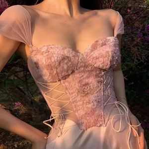 Women's Tanks Corset Fashion Crop Top Women Lace Sexy Mesh Bandage T-shirt Sling Tank Summer Tops 2023 Camisole