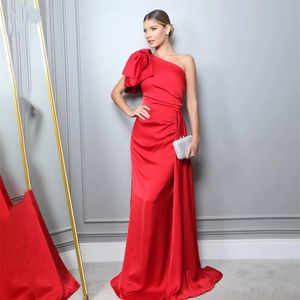 2024 Red Simple Evening Prom Dress One Shoulder Pleat Big Bow Train Satin Formal Party Gowns Vestidos De Fiesta Abendkleider Robe De Soiree