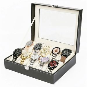 Lådor Luxury 10 rutnät Watch Box Pu Leather Watches Display Case Jewelry Organizer With Lock Transparent Glass Cover Låsbar presentförpackning