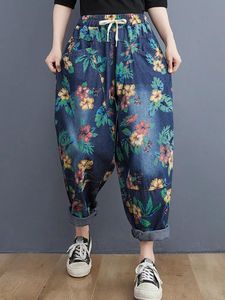 Calças de brim femininas casuais nova chegada 2022 primavera estilo vintage streetwear floral impressão solta feminina cintura alta denim harem calças b1732