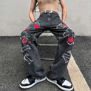Y2K baggy jeans Europa och Amerika hiphop lösa bredbensbyxor tredimensionell ros broderad chaogao gata män byxor