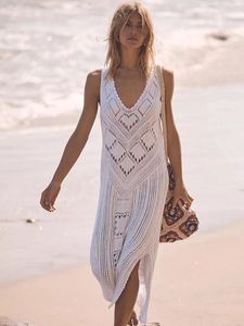 Swimwear Knitted Beach Dress Sleeveless Women Crochet Cover Up V Neck Solid Tunic Beachwear Summer Swimsuits 2022 New Swimwear Hot Sales