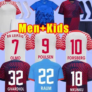 2023 2024 RBL Futebol Jerseys Leipziges Poulsen Forsberg 23 24 Bundesliga Sabitzer Camisetas de Futbol Homens Conjuntos Completos Camisa de Futebol Uniformes Fãs Jogador Homens Crianças