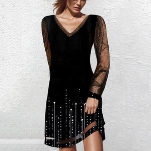 Casual Dresses Women's A-Line Dress V-ringning Lace Långärmkläder KLÄDER MESH Everyday Temperament Pendling Vestidos 2023