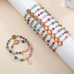 Bangle 12PCS San Benito Bracelets Colorful Beads Elastic thread Catholicism Saint Benedict Medal Pendant Handmade Bracelet 231215