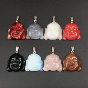 10st Natural Stone Charms för smycken som gör tibetanska buddhistiska religiösa Maitreya Buddha Head Statue Amulet Pendant Spacer Beads