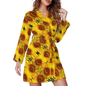 Mulheres Pijamas Amarelo Girassol Pijama Robe V Pescoço Floral Impressão Design Roupão Feminino Manga Longa Sexy Pijama Robes Primavera Vestido Casual