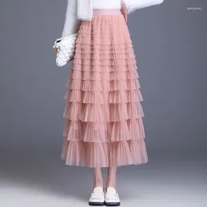 Skirtsの階層Tulle Maxi Skirtエレガントメッシュハイウエストプリーツ女性カジュアルな長い2024年のドレス