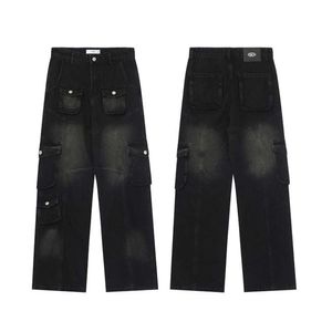 American Retro Street Design Multi-Pocket Black Denim Trousers Female Y2K New Fashion Trend Joker Slim Loose Wide Ben Pants