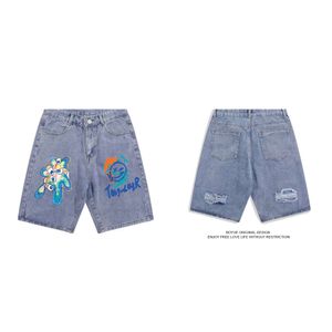 Pants Mens Hip Hop Pattern Printed Wide Leg Punk Gothic Blue Denim 2023 Summer New Haruku Baggy Shorts