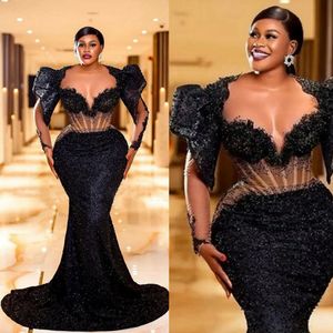 2024 Plus Size Aso Ebi Prom klänningar Illusion Shining Mermaid Long Seces Spets Tulle Evening Formal Dress for Special Eccasions Födelsedagsfestklänningar Afrikansk NL014