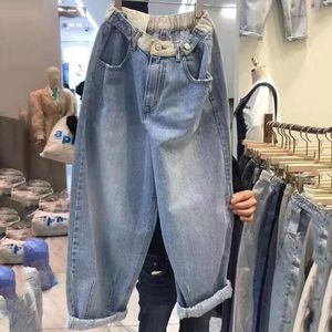 Jeans 2022 coreano Splicing Canda alta calça de jeans solta Mulheres Design de botões causais Jeans calça o outono da primavera 5xl