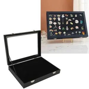 Jewelry Pouches Black Wooden Box Pin Display Case Sponge Lining Dustproof Glass Lid Brooch Badge Medal Storage With Locking Buckle