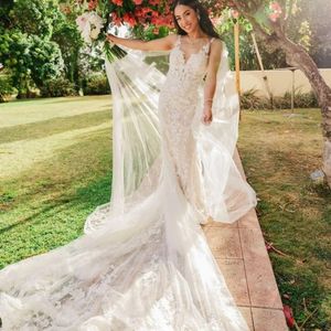 Stunningbride 2024 Gorgeous Court Train Appliques Lace Tulle Mermaid White Wedding Dresses Elegant V-Neck Sleeveless Princess Bridal Gown