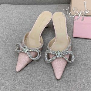 M Heels 6cm Designer Slides Rhinestone Bow Dress Shoes Flat Fabric Sandals Elegant Women's Sexy Heels Classic Party Wedding Pearly Pink Size 35-39