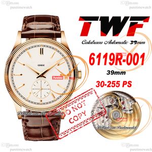 TWF Calatrava 6119R PP30-255 Automatic Mens Watch 39mm Rose Gold Fluted Bezel White Stick Dial Brown Leather Strap Super Edition Watches Reloj Hombre Puretime D4