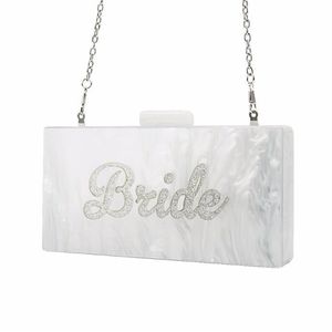 Abendtaschen Perle Weiß mit silbernen Glitzern Name Braut Acrylbox Clutches Damen Handtaschen Modehandmade Klaps Strand Clutchev293l