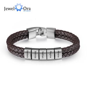 Charm Bracelets Customized Engraved Name Bead for Men Personalized Family Brown Leather Bracelet Year Gift Father Boyfriend 231215