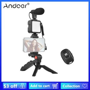 Tillbehör Andoer Phone Vlog Video Kit med tabellstativ Telefonhållare Cold Shoe Microphone LED Video Photography Lamp Light Remote Shutter