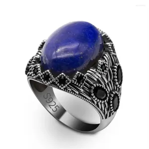 Cluster Rings Wholesale Real 925 Sterling Silver Mens Wedding Ring Natural Lapis Lazuli Blue Stone Handmade vintage