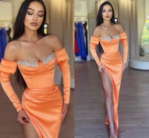 2024 Seksowna pomarańczowa strój wieczorowy strój z koralików na ramionach satyna satyna sukienki na imprezę balową kobiety szat de soiree vestidos de longo