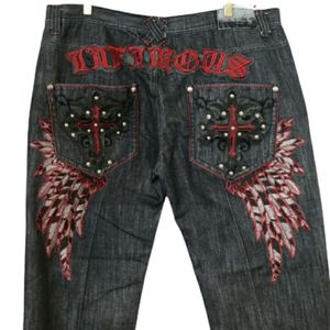 Byxor herrar haruku hiphop pocket retro grafisk broderade baggy jeans gotiska hög midja bred byxa streetwear