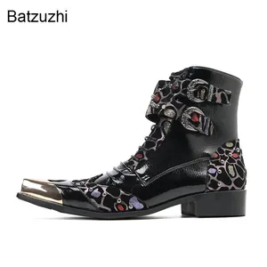 Batzuzhi Fashion Square Gold Metal Toe Stivali caviglie in pelle genuina per uomini, motociclisti di personalità a colori con zip lacetto, affari, boot man per feste, taglie grandi!