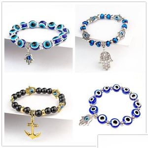 Charm Bracelets Fatima Hand Hamsa Bracelet Jewelry Women Man Gold Sier Color Fashion Blue Devil Evil Eye Plam Bell Beaded Anchor For Dh9Kh